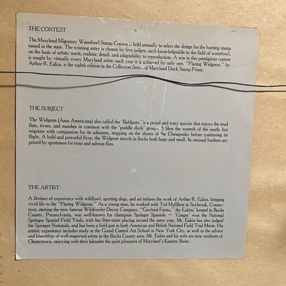 Maryland Migratory Duck Stamp Print "FLARING WIDGEON" Arthur Eakin 1981 #344 - Picture 6 of 10